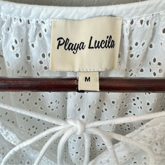 Playa Lucila white eyelet mini dress cover up, ellbow length puff sleeves,size M - Picture 6 of 13